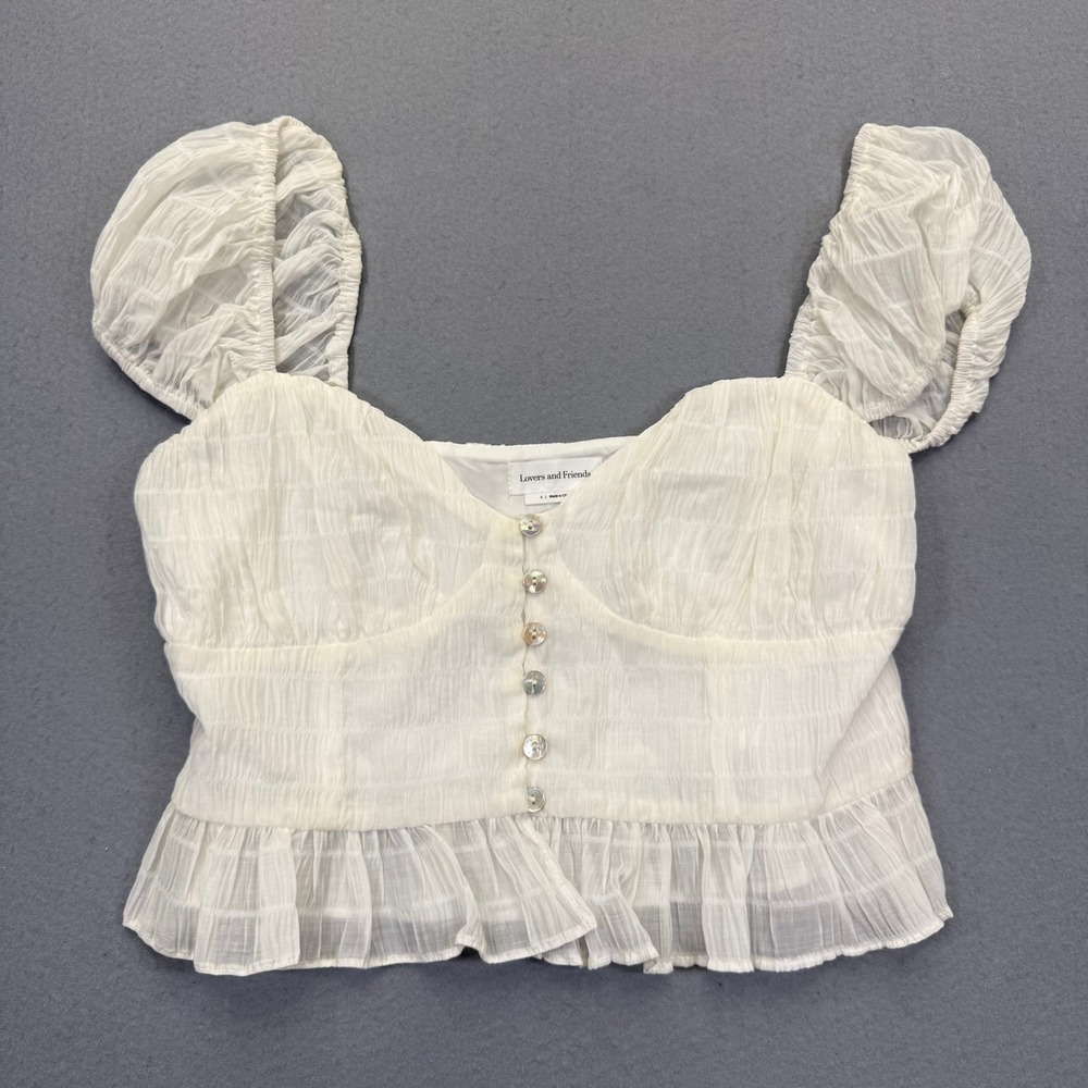 Lovers and Friends White Puff Sleeve Button Front Crop Top‎ Smocked Small